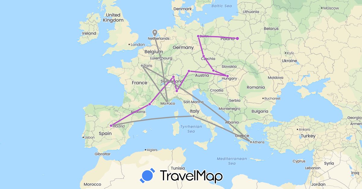 TravelMap itinerary: driving, plane, train in Austria, Switzerland, Czech Republic, Germany, Spain, France, Greece, Hungary, Italy, Luxembourg, Monaco, Netherlands, Poland (Europe)
